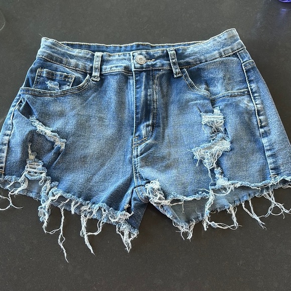 Distressed Blue Denim Shorts - Picture 1 of 8